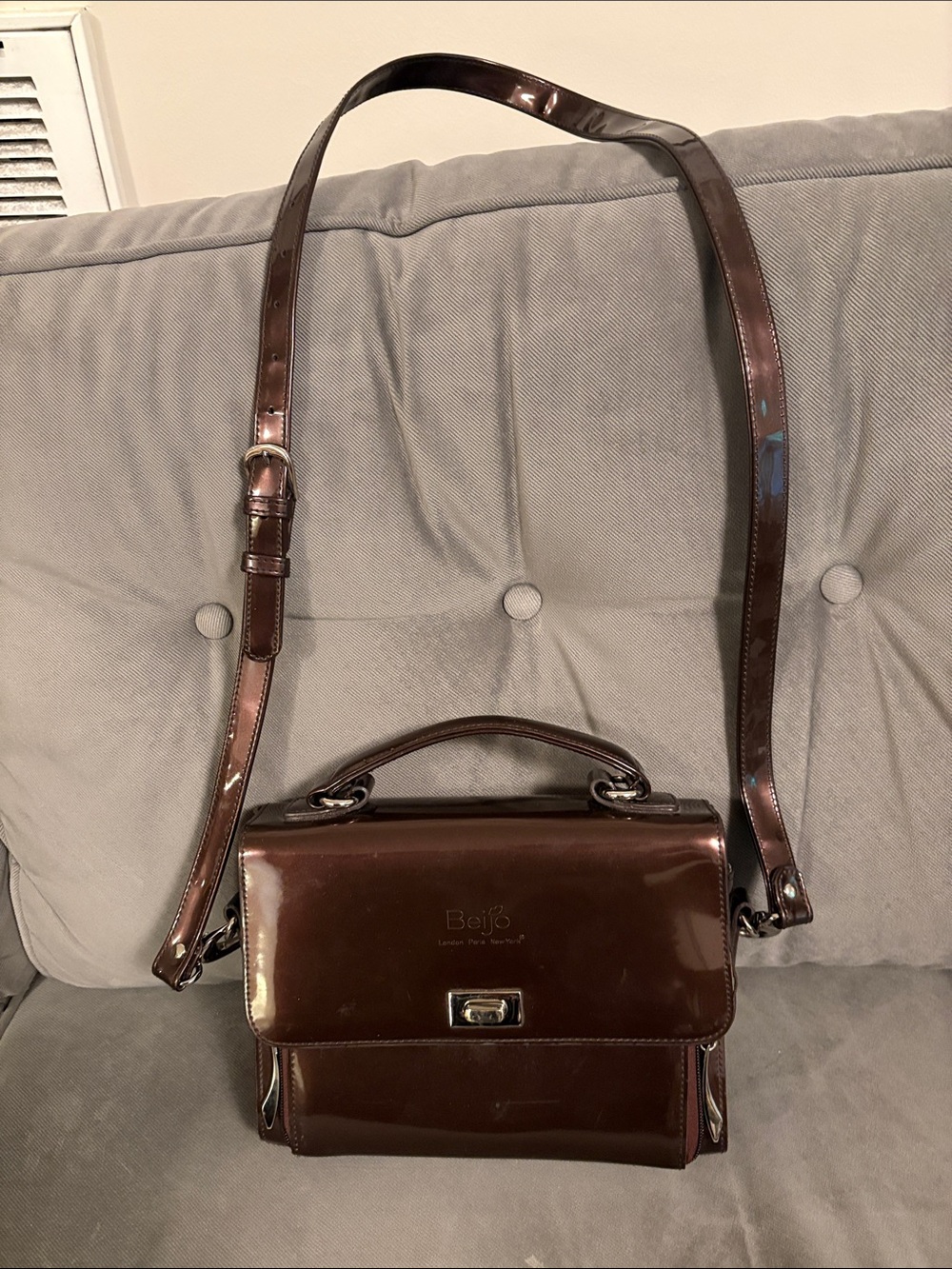 Beijo Brown Patent Leather Satchel with Top Handle and Adjustable Strap